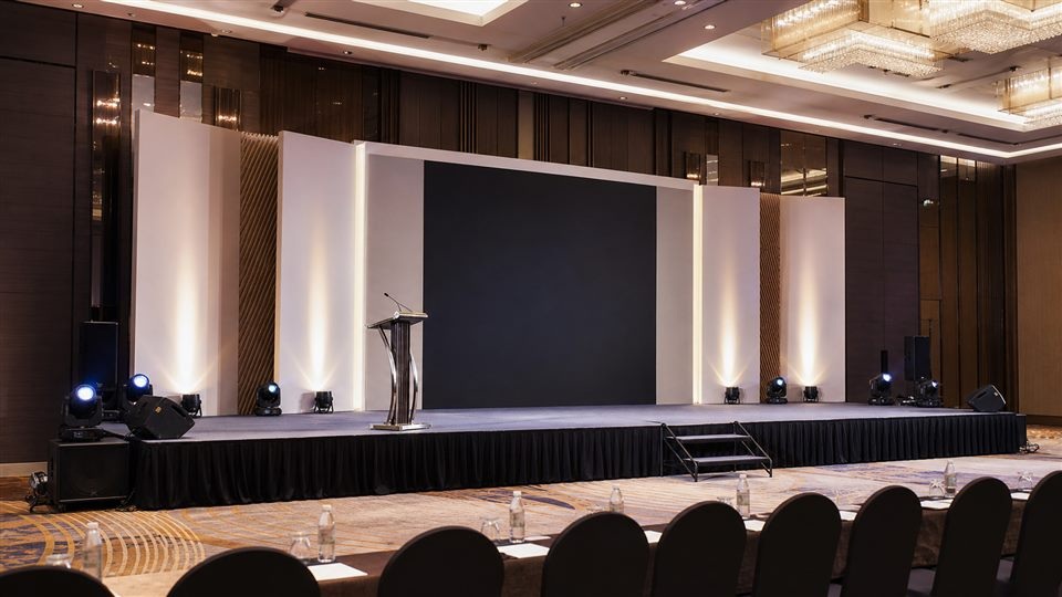 Corporate launch stage rental example setup