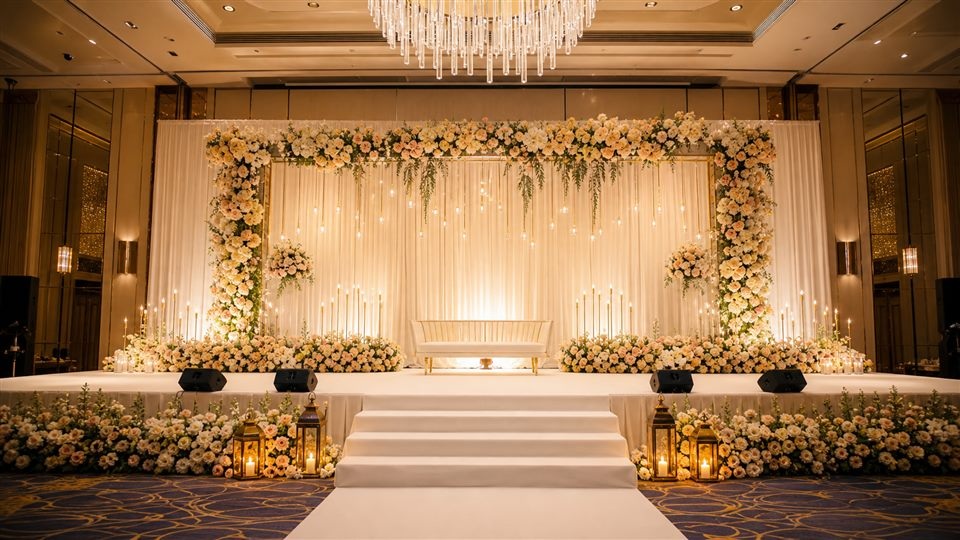 Wedding stage rental example setup in a ballroom