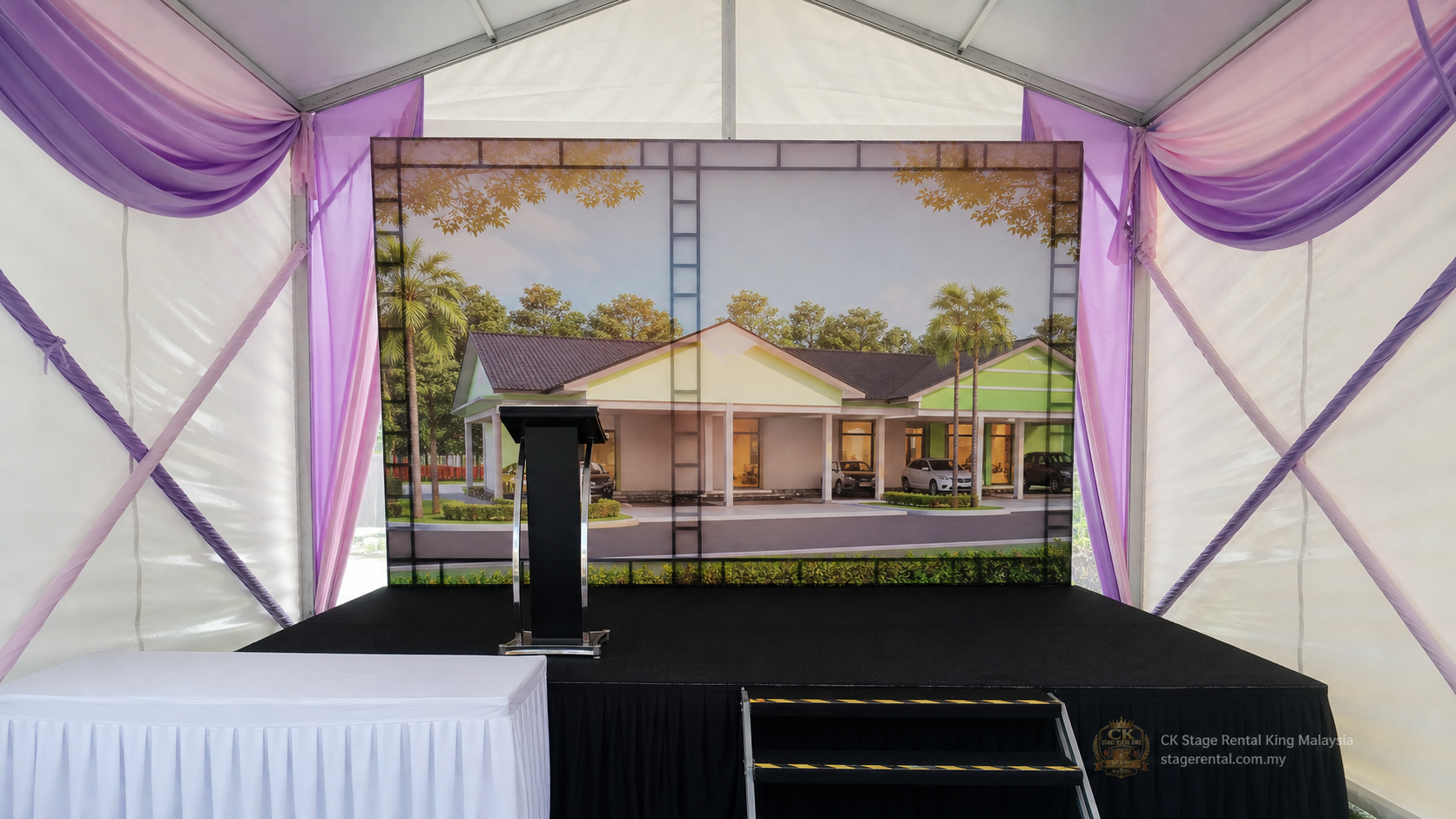 Tent stage with podium backdrop event setup by CK Stage Rental King Malaysia